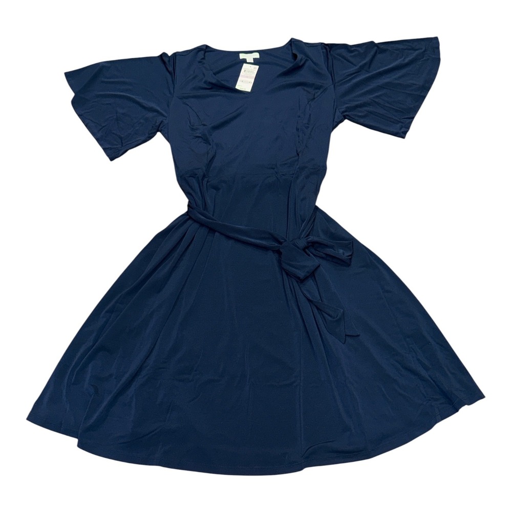 Charter Club Summer Escape Navy Blue Flutter Sleeve Belted Dress 1X NWT
